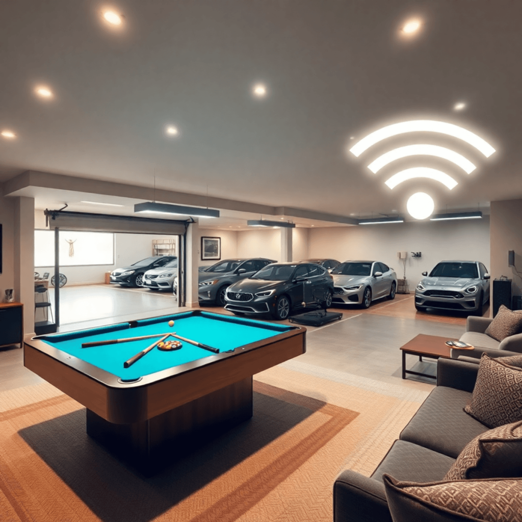 Modern game room with pool table, board games, cozy seating, adjacent garage with cars, and glowing Wi-Fi signals in a comfortable home setting.